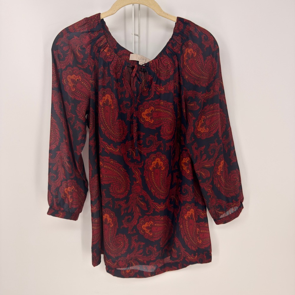 LOFT Blouse Womens XS Red Navy Paisley Tie Neck 3/4 Sleeve Boho Office Layering